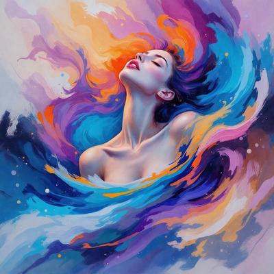 The primary subject of the image is a woman with long hair, who is lying down and looking up. She appears to be in a relaxed and peaceful state. The setting is a colorful, abstract background that adds a vibrant and artistic touch to the scene. The visual style is a combination of digital art and illustration, creating a unique and captivating image. The colors and mood of the image are predominantly blue and purple, which evoke a sense of tranquility and calmness.